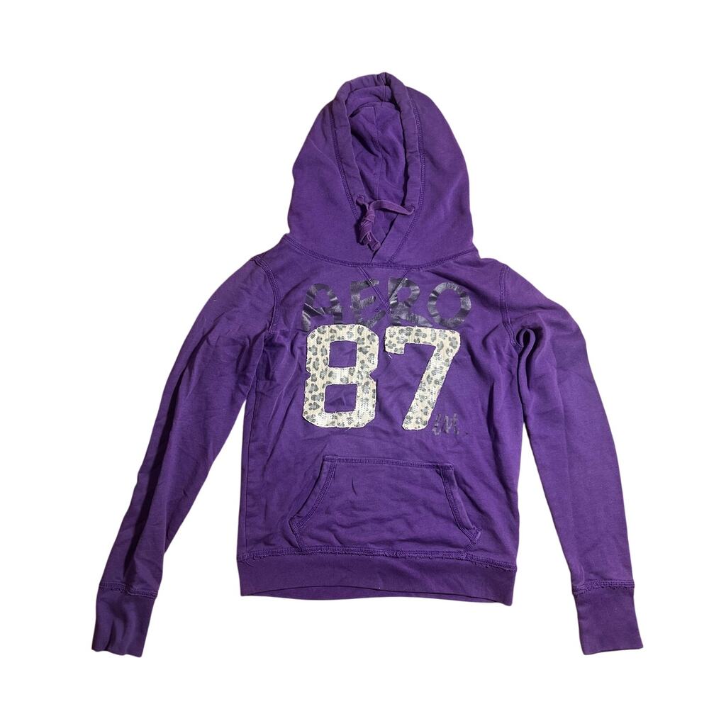 Aeropostale Aero 87 Purple Hoodie Leopard Sequin Graphic Pullover Y2K